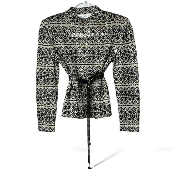 ST. JOHN Evening by Marie Gray Embellished Long Sleeve Top Belted US Sz 2 - Picture 1 of 9